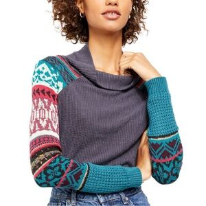 Free People Women's Prism Fair Isle Knit Cowl Neck Pullover Sweater Top Size XS